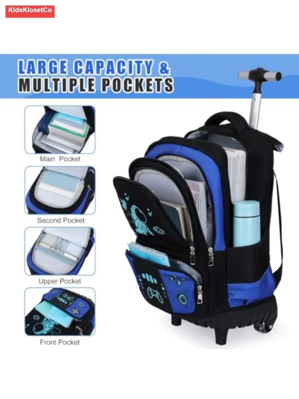 Rolling Backpack for Boys - Cool Luminous Gamer Wheeled Schoolbag with Lunch